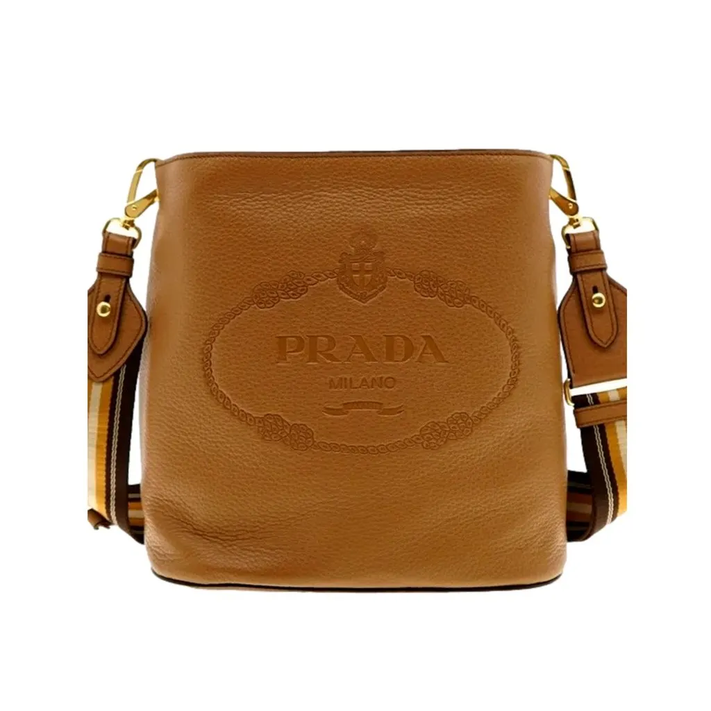 Prada Vitello Phenix Bucket Crossbody Bag Caramel Brown Web Strap Brown Leather Never worn, with tag - Back View
