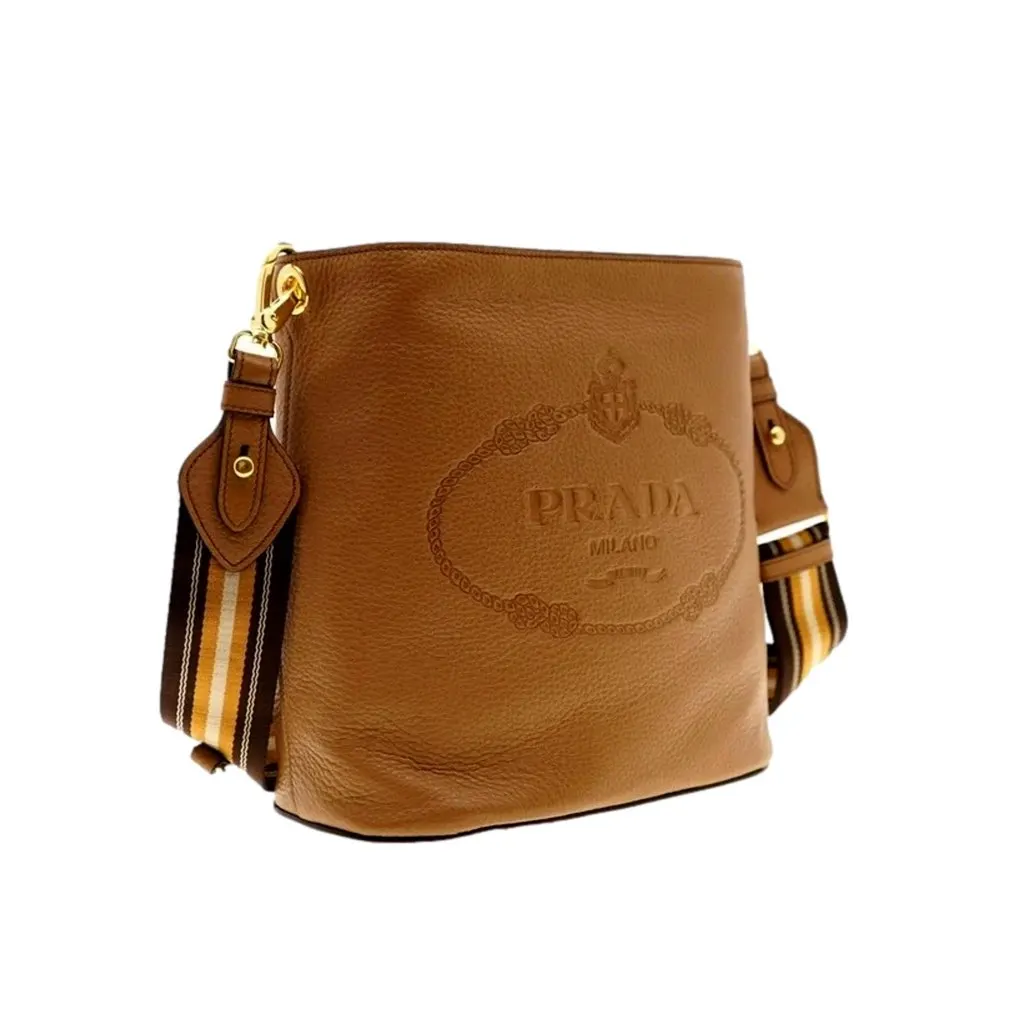 Prada Vitello Phenix Bucket Crossbody Bag Caramel Brown Web Strap Brown Leather Never worn, with tag - Inside View