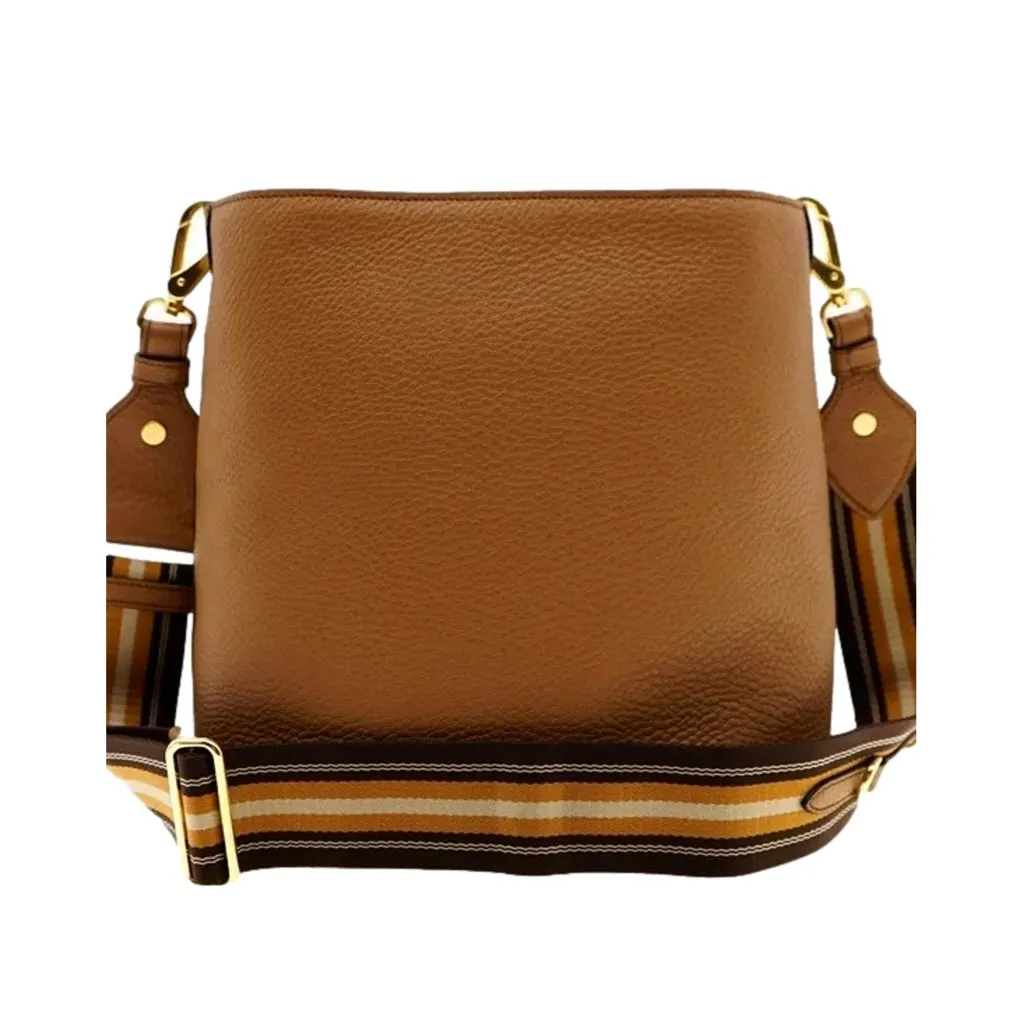 Prada Vitello Phenix Bucket Crossbody Bag Caramel Brown Web Strap Brown Leather Never worn, with tag - Model View