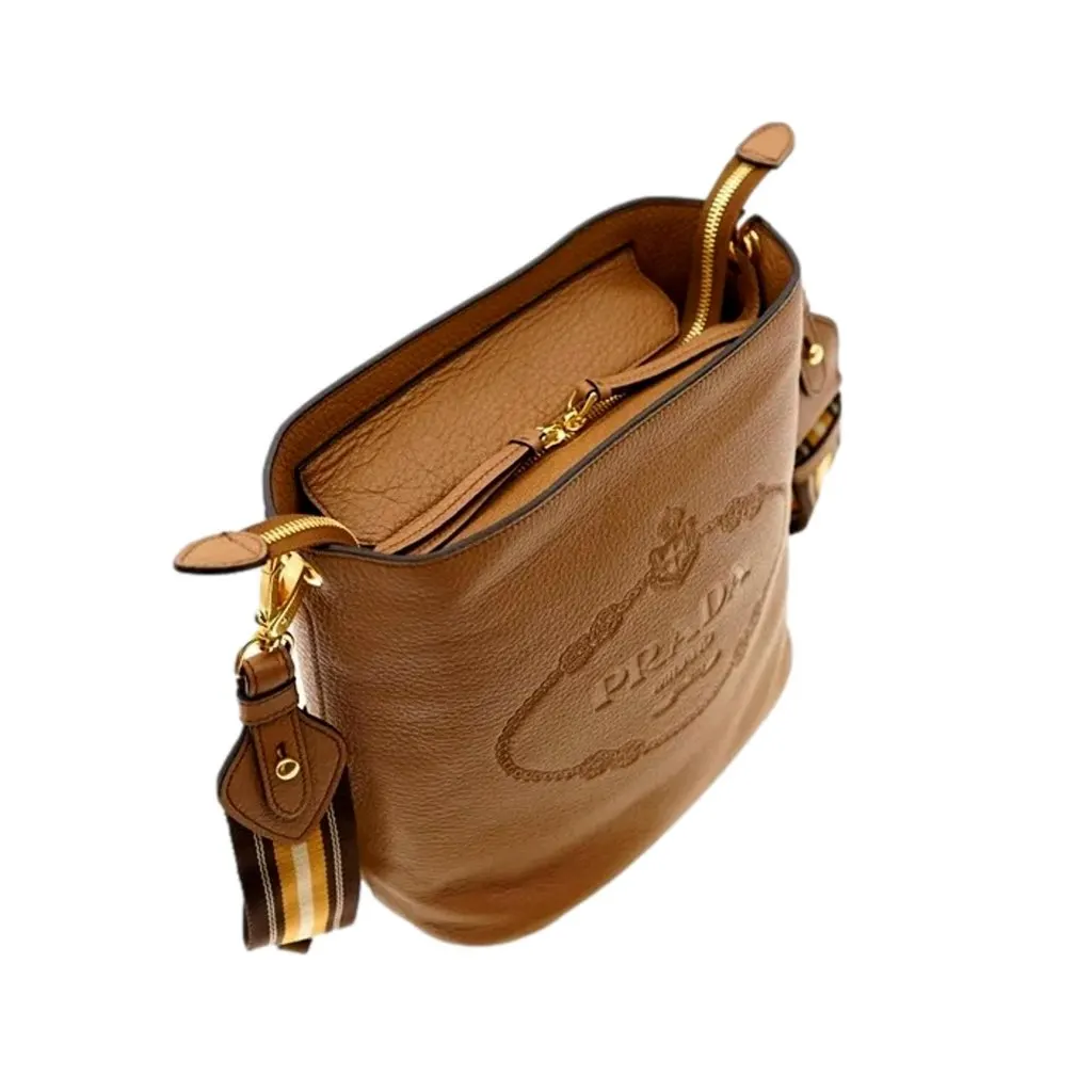 Prada Vitello Phenix Bucket Crossbody Bag Caramel Brown Web Strap Brown Leather Never worn, with tag - Box View