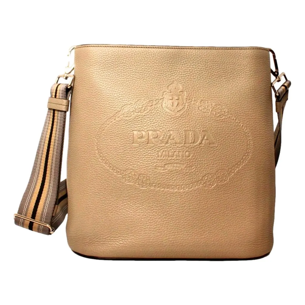 Prada Vitello Phenix Cammeo Leather Stripe Strap Bucket Bag Beige Leather Never worn, with tag - Front View