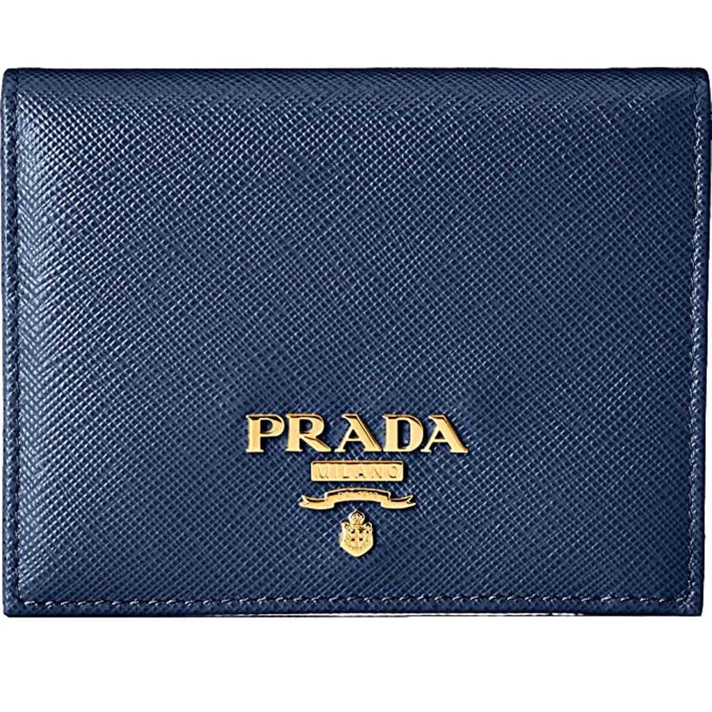 Prada Prada Saffiano Baltico Blue Leather Gold Logo Bifold Snap Wallet