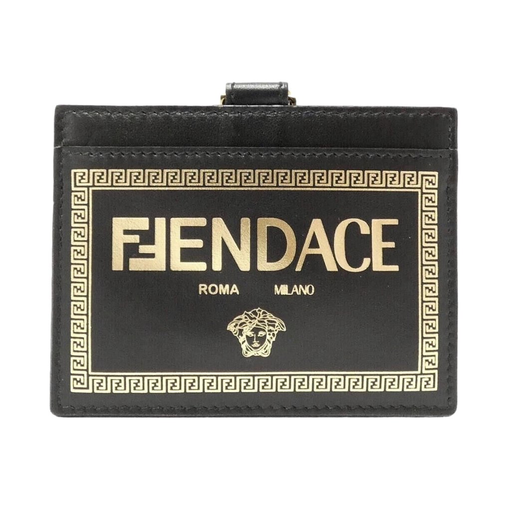 Fendi Fendi Fendace Black Leather Card Case Wallet Lanyard