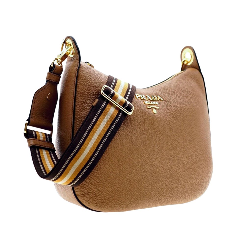 Prada Prada Vitello Phenix Caramel Brown Leather Web Stripe Crossbody Bag - Back view