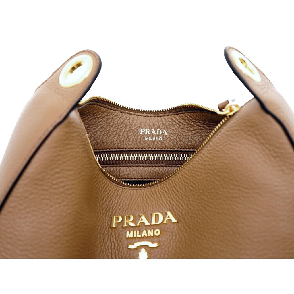 Prada Prada Vitello Phenix Caramel Brown Leather Web Stripe Crossbody Bag - Side view