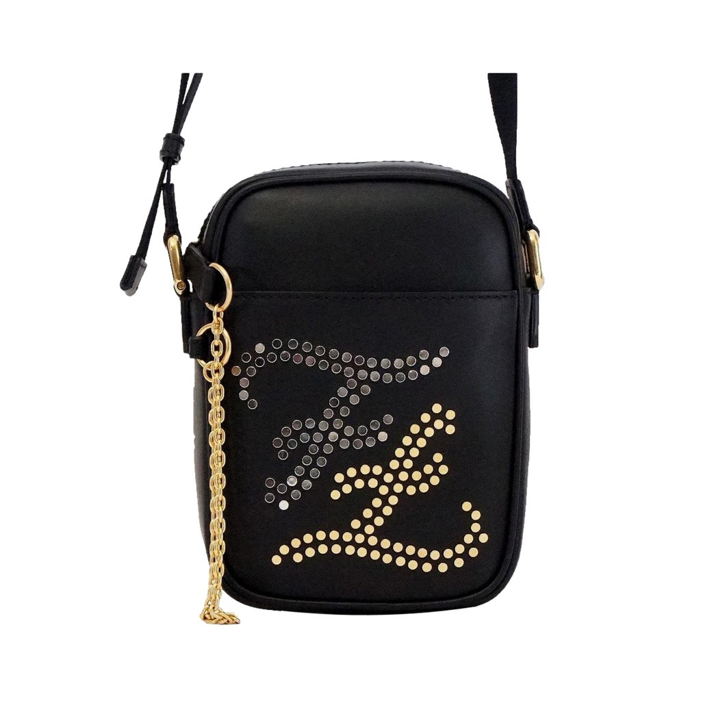 Fendi Fendi Karligraphy Studded Black Leather Small Crossbody Bag