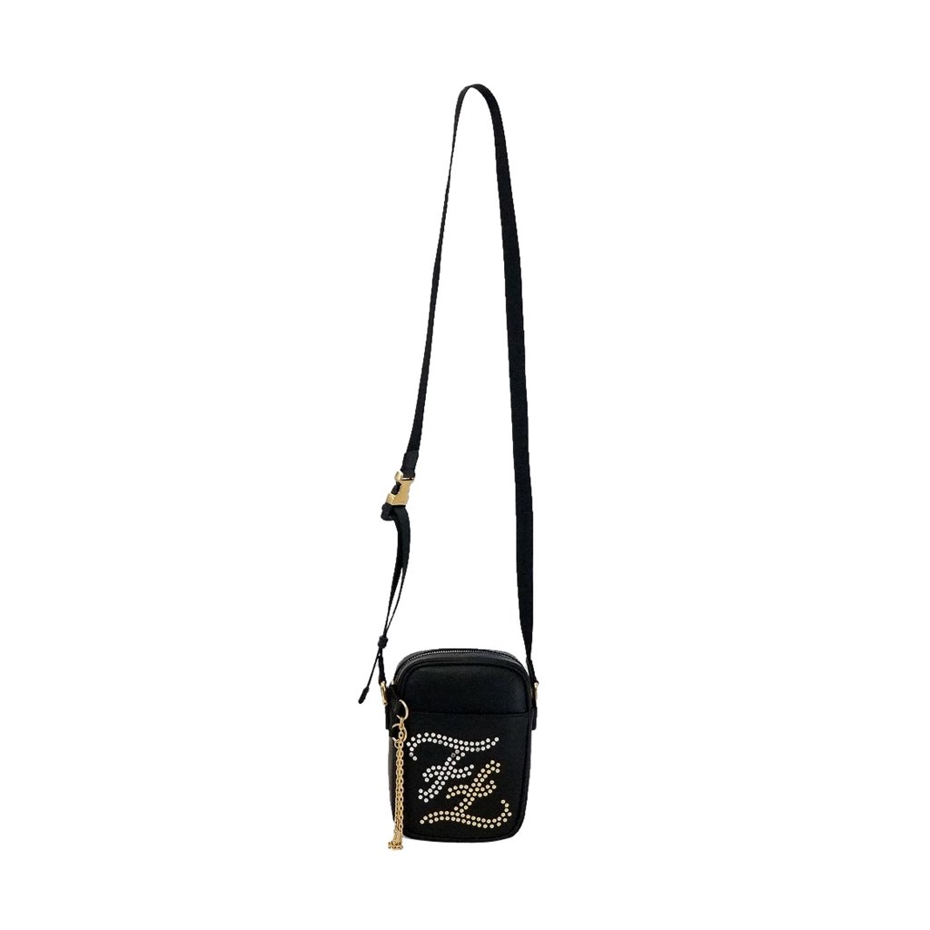 Fendi Fendi Karligraphy Studded Black Leather Small Crossbody Bag - Back view