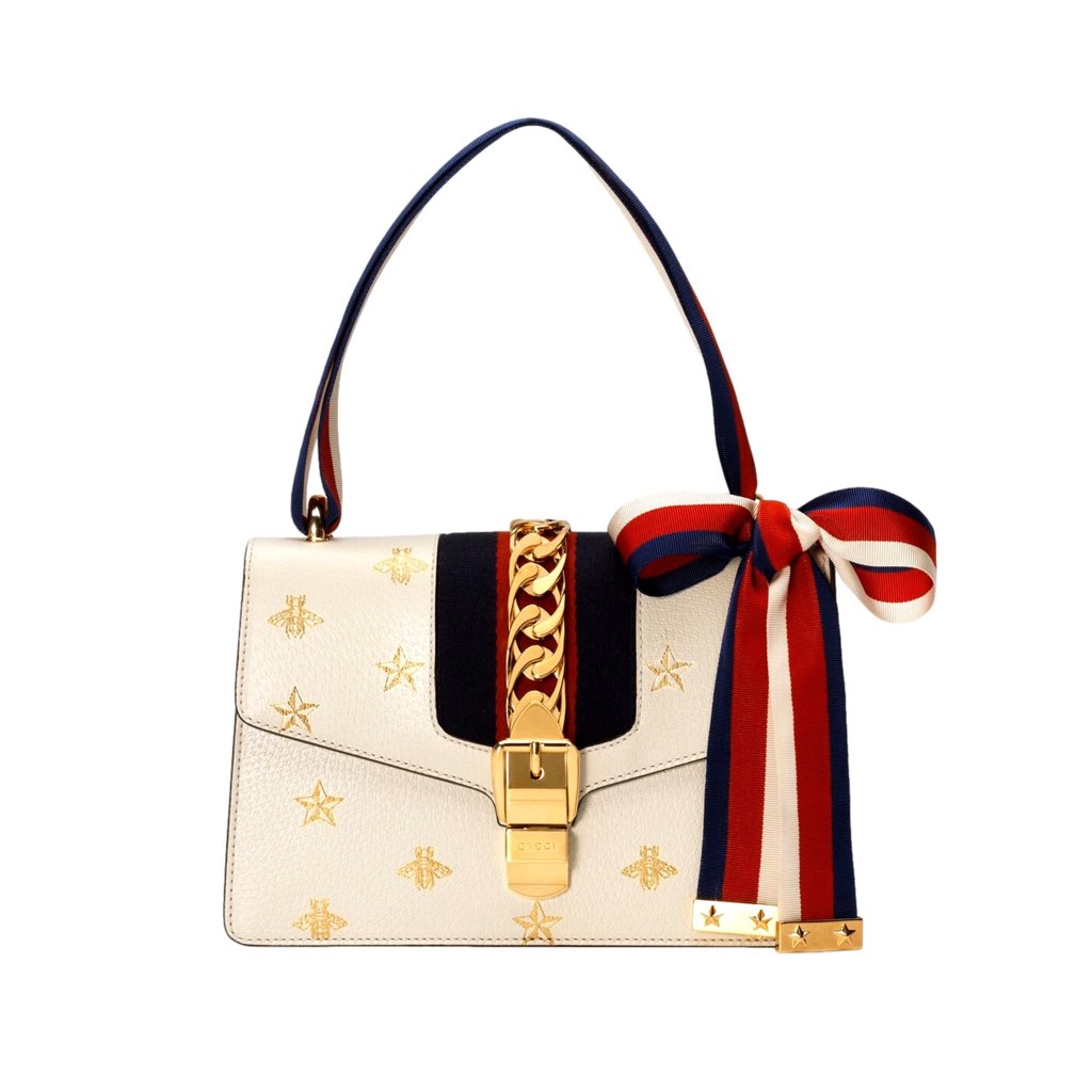 Gucci Gucci Sylvie Bee Star Ivory Leather Shoulder Bag