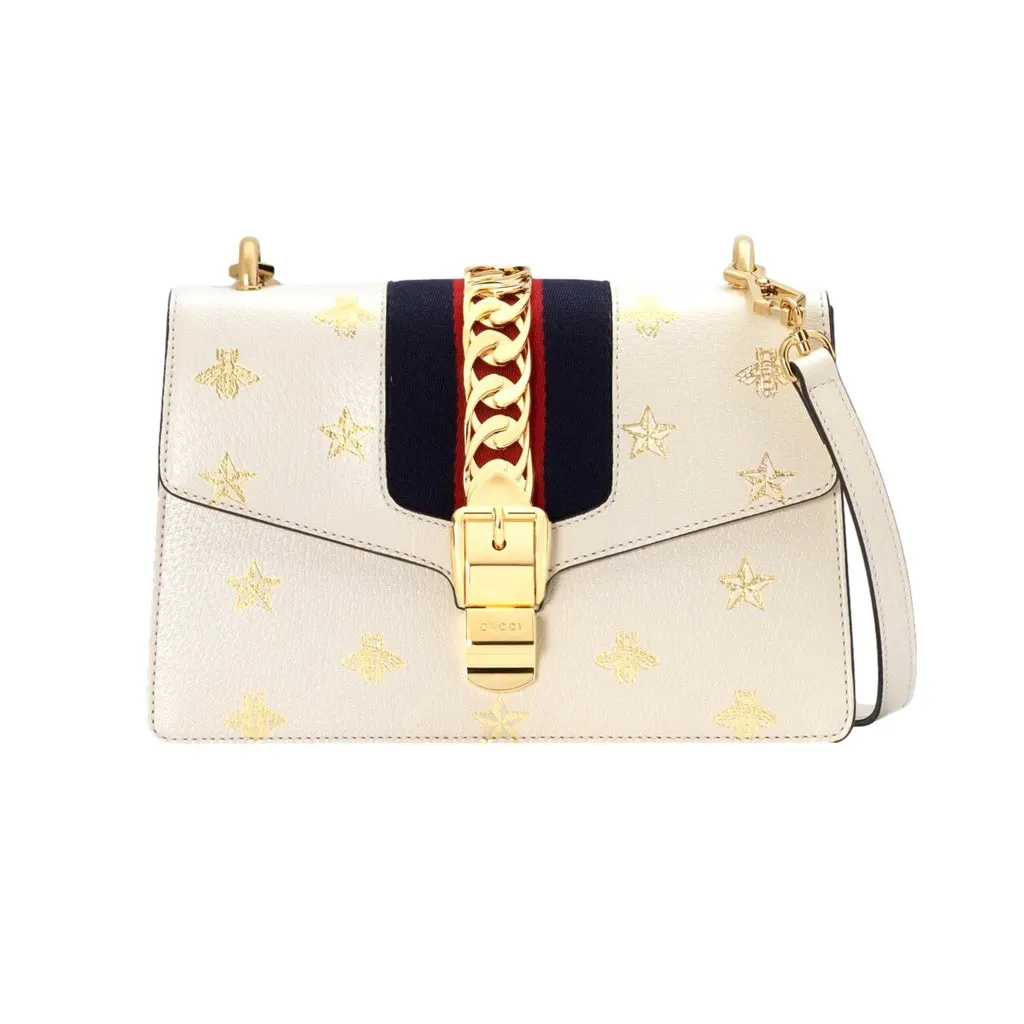 Gucci Sylvie Bee Star Ivory Leather Shoulder Bag Beige Leather Never worn, with tag - Back View