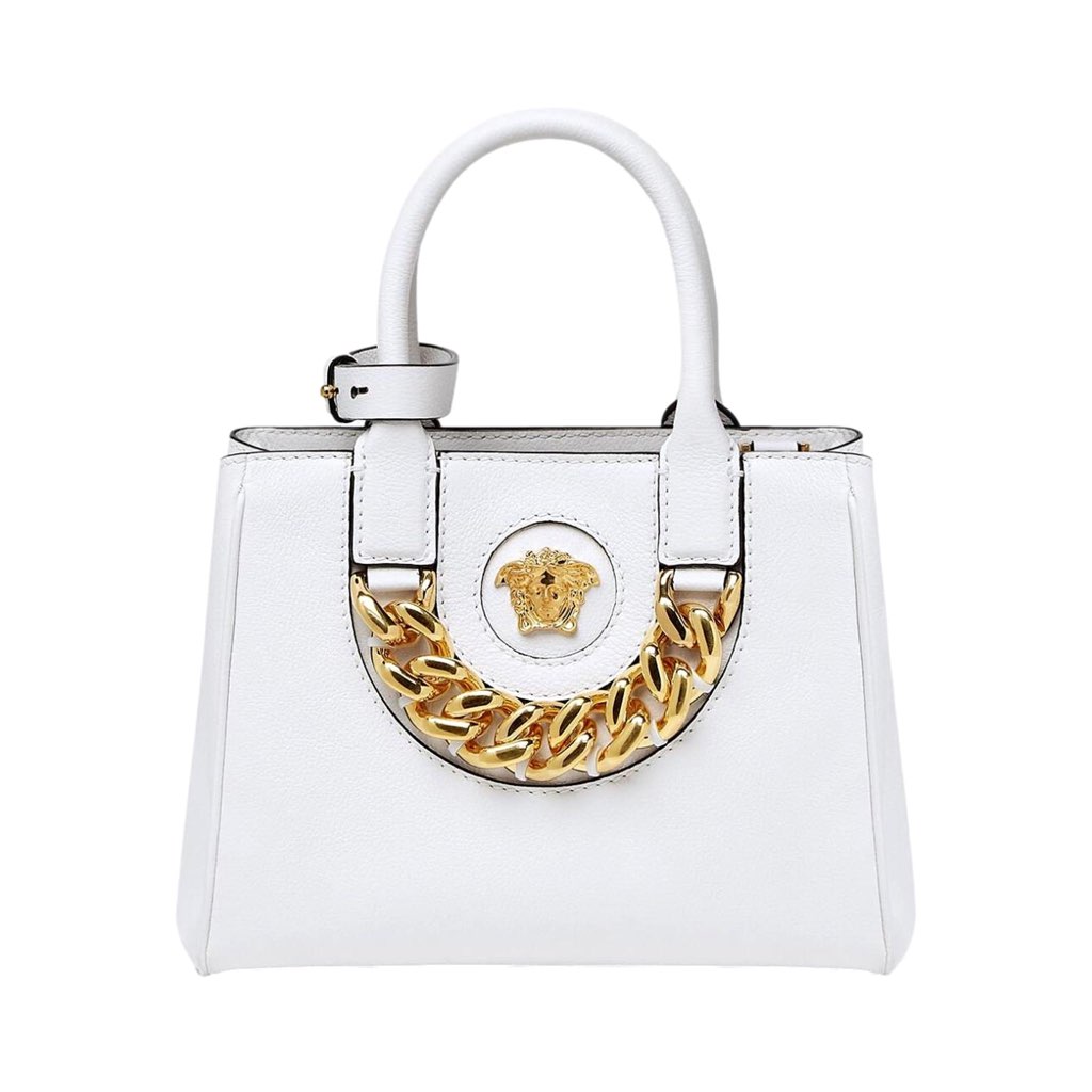 Versace Versace La Medusa Gold Plaque White Leather Small Crossbody Tote Bag