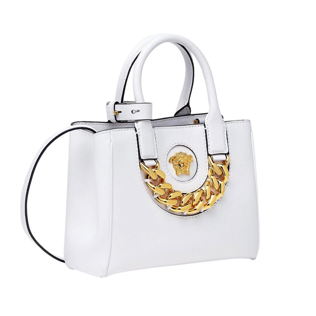 Versace Versace La Medusa Gold Plaque White Leather Small Crossbody Tote Bag - Image 6