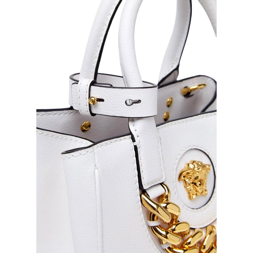 Versace Versace La Medusa Gold Plaque White Leather Small Crossbody Tote Bag - Side view