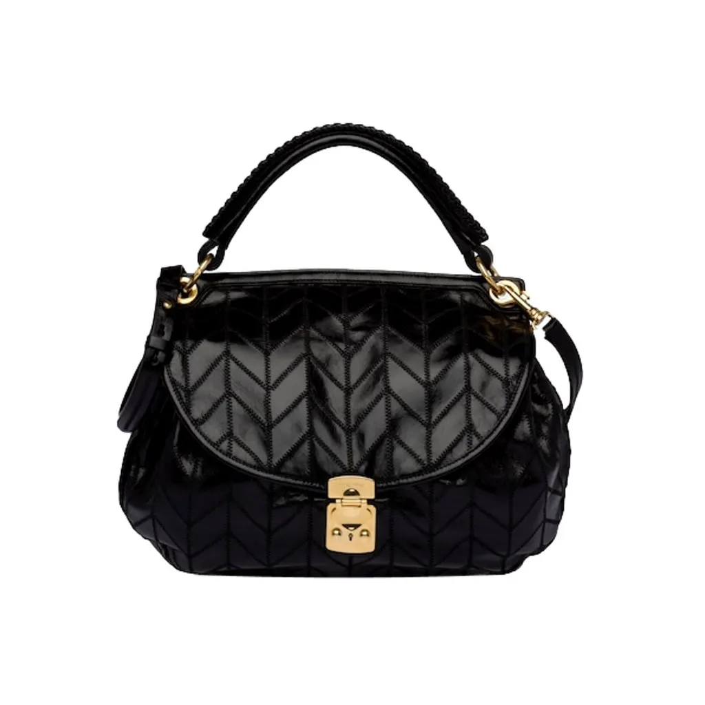 Miu Miu Vitello Shine Patch Black Leather Satchel Bag Black Leather Never worn, with tag - Front View