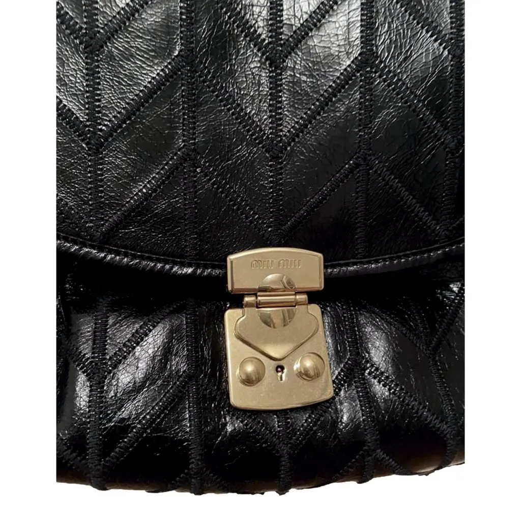 Miu Miu Vitello Shine Patch Black Leather Satchel Bag Black Leather Never worn, with tag - Inside View