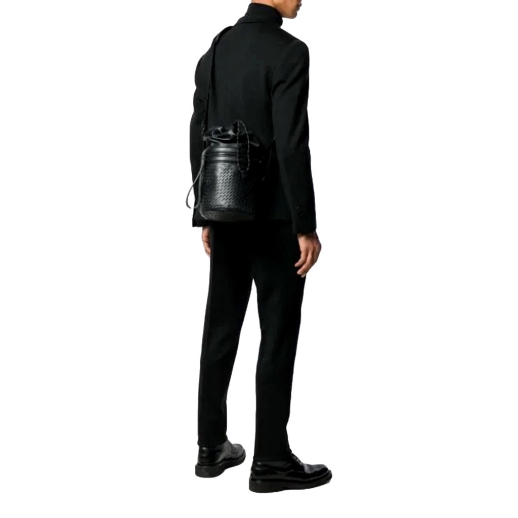 Bottega Veneta Bottega Veneta Perforated Black Leather Drawstring Bucket Crossbody Bag - Back view