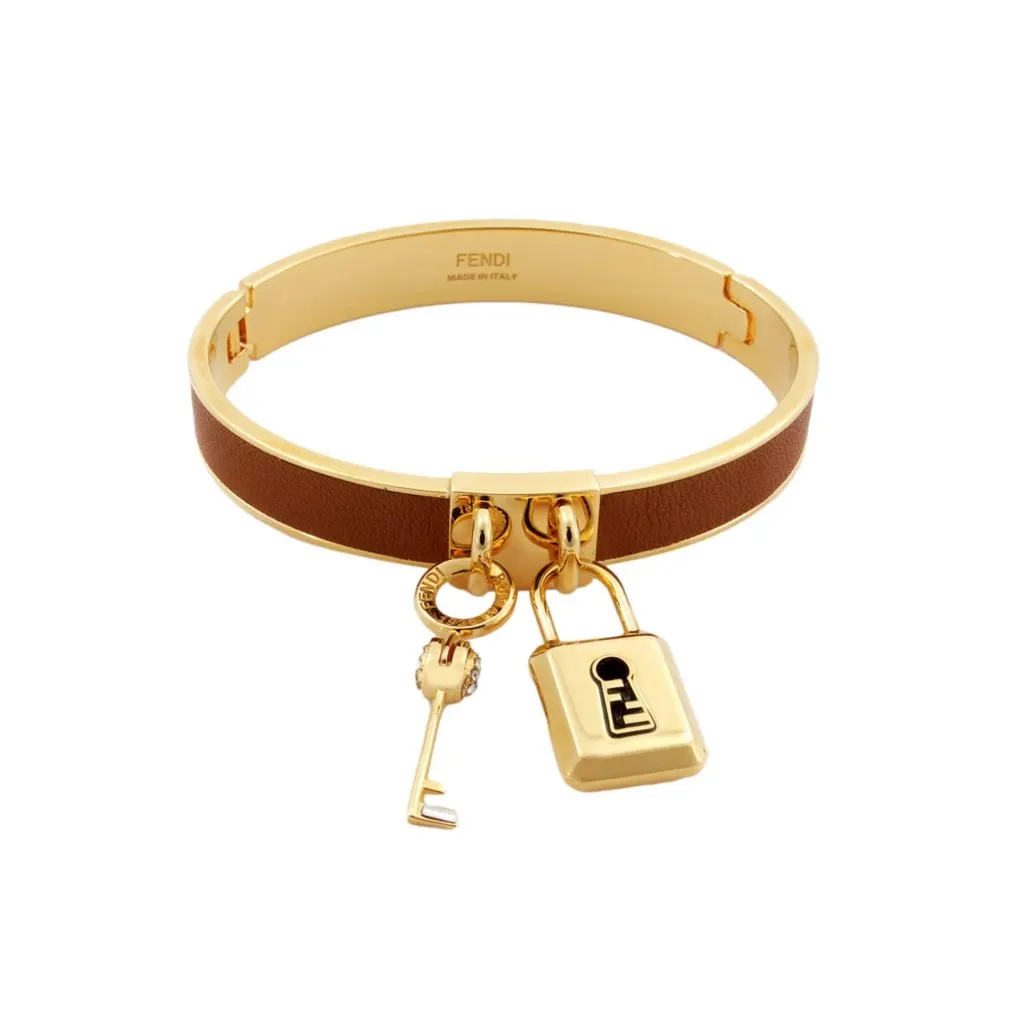 Fendi Master Key Brandy Leather Gold Medium Bracelet Gold Never worn, with tag - Front View