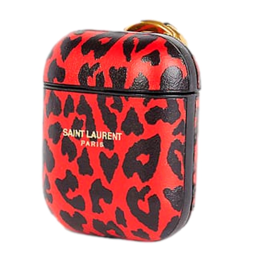 Saint Laurent Saint Laurent Leopard Print Black and Red Leather Airpods Case - Image 6