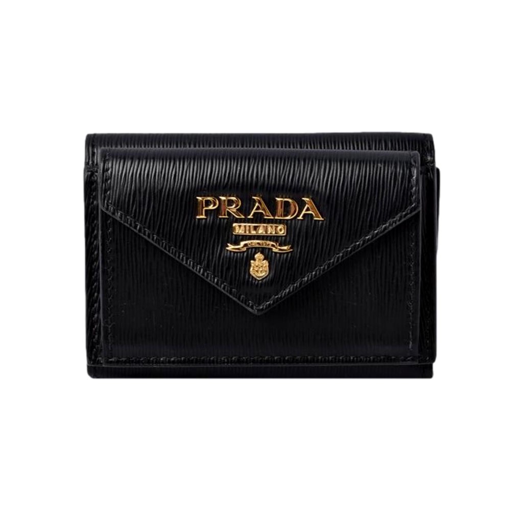 Prada Prada Womens Vitello Move Black Leather Compact Envelope Trifold Wallet