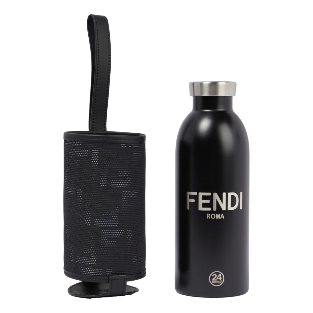 Fendi Fendi Roma Black Steel Bottle and FF Woven Canvas Holder Set - Back view