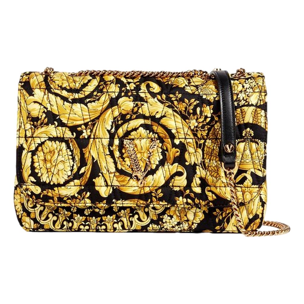 Versace Versace Virtus Barocco Print Quilted Black and Gold Silk Shoulder Bag