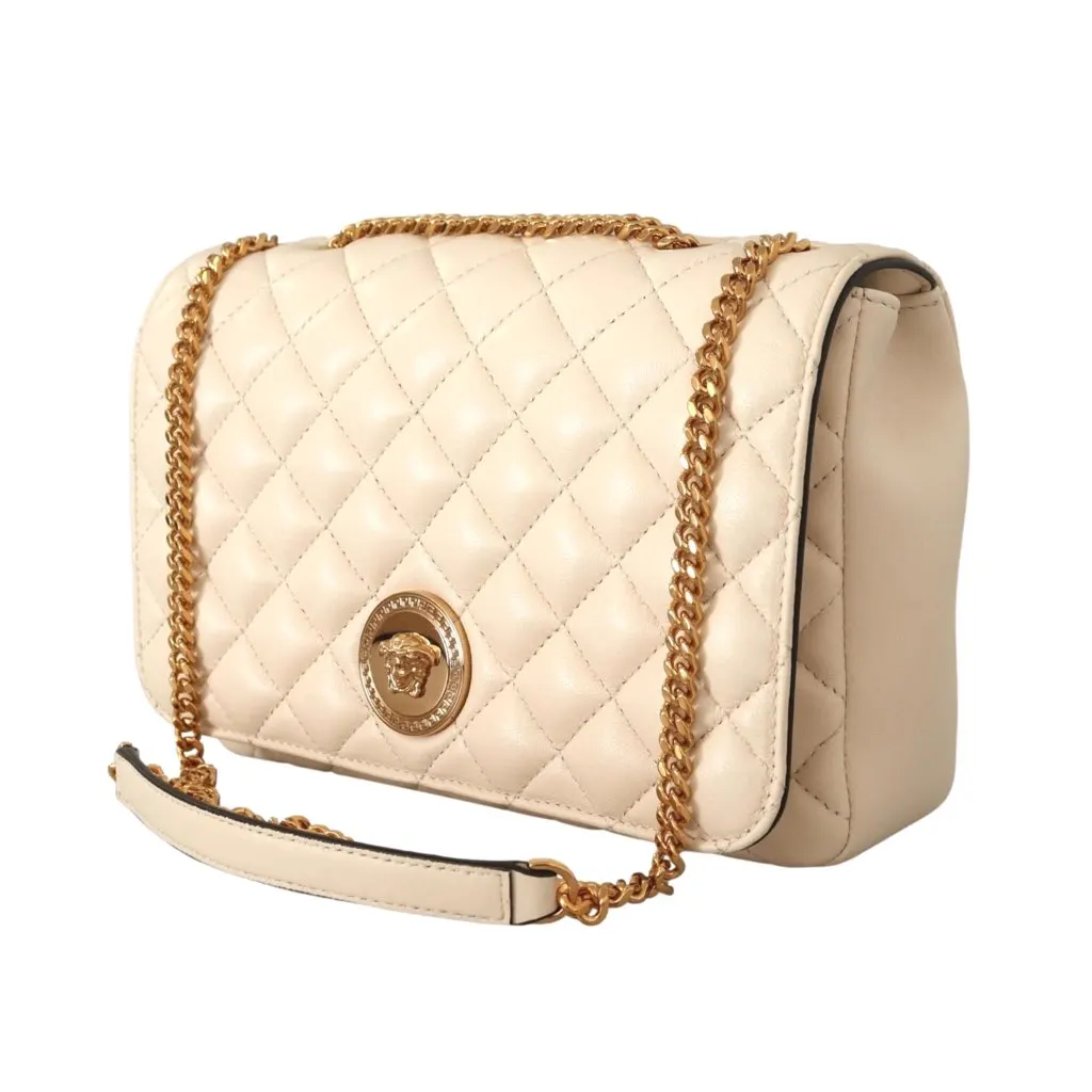 Versace La Medusa Beige Quilted Lamb Leather Large Shoulder Bag Beige Leather Never worn, with tag - Back View