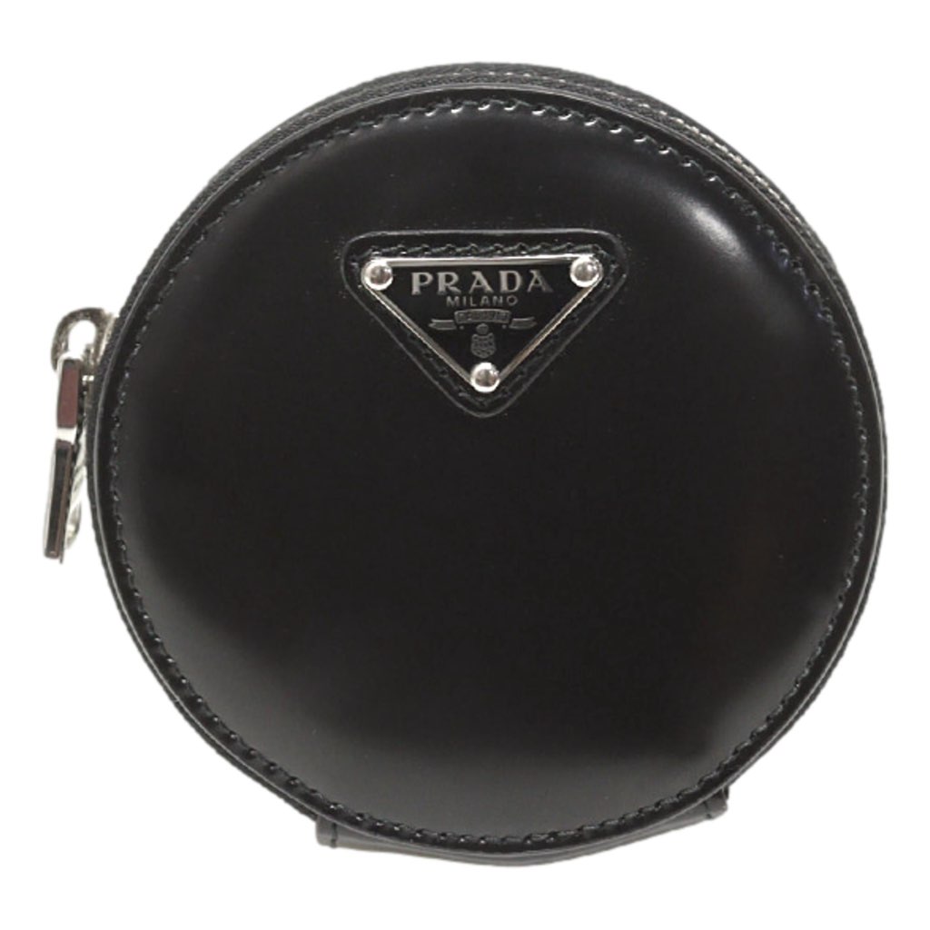 Prada Prada Triangle Plaque Smooth Black Leather Round Mini Pouch Keychain