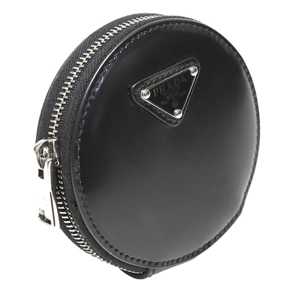 Prada Prada Triangle Plaque Smooth Black Leather Round Mini Pouch Keychain - Back view