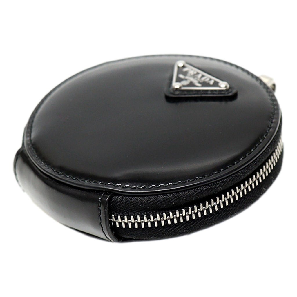Prada Prada Triangle Plaque Smooth Black Leather Round Mini Pouch Keychain - Image 6