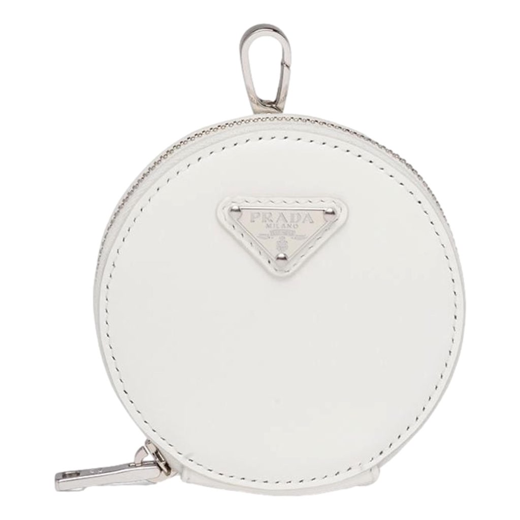 Prada Prada Triangle Plaque Smooth White Leather Round Mini Pouch Keychain