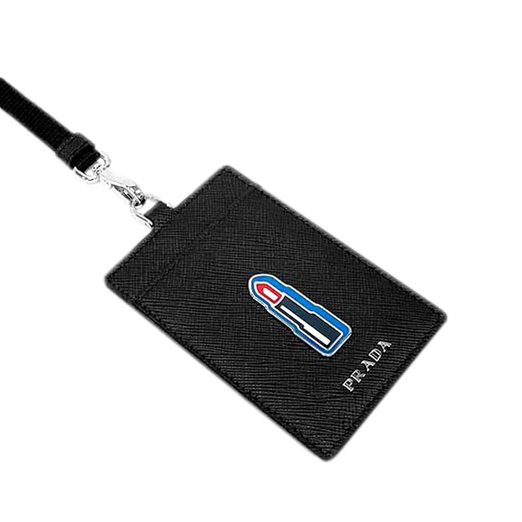 Prada Prada Lipstick Plaque Black Saffiano Leather ID Cardholder Lanyard - Back view