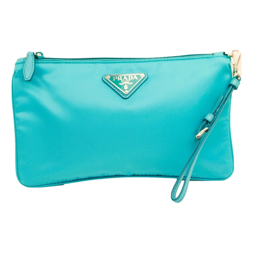 Prada Prada Tessuto Turquoise Nylon Cosmetic Case Wristlet Clutch Bag