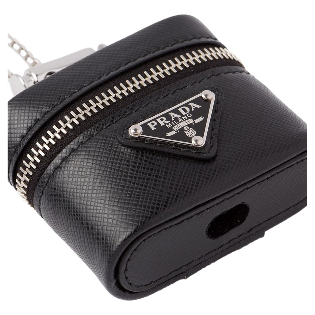 Prada Prada Triangle Saffiano Black Leather Mini Airpods Case with Chain - Back view
