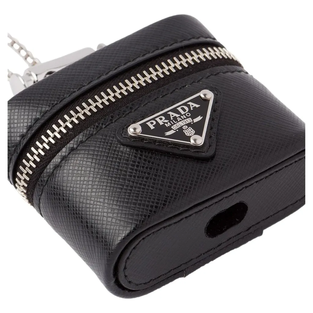 Prada Triangle Saffiano Black Leather Mini Airpods Case with Chain Black Never worn, with tag - Back View