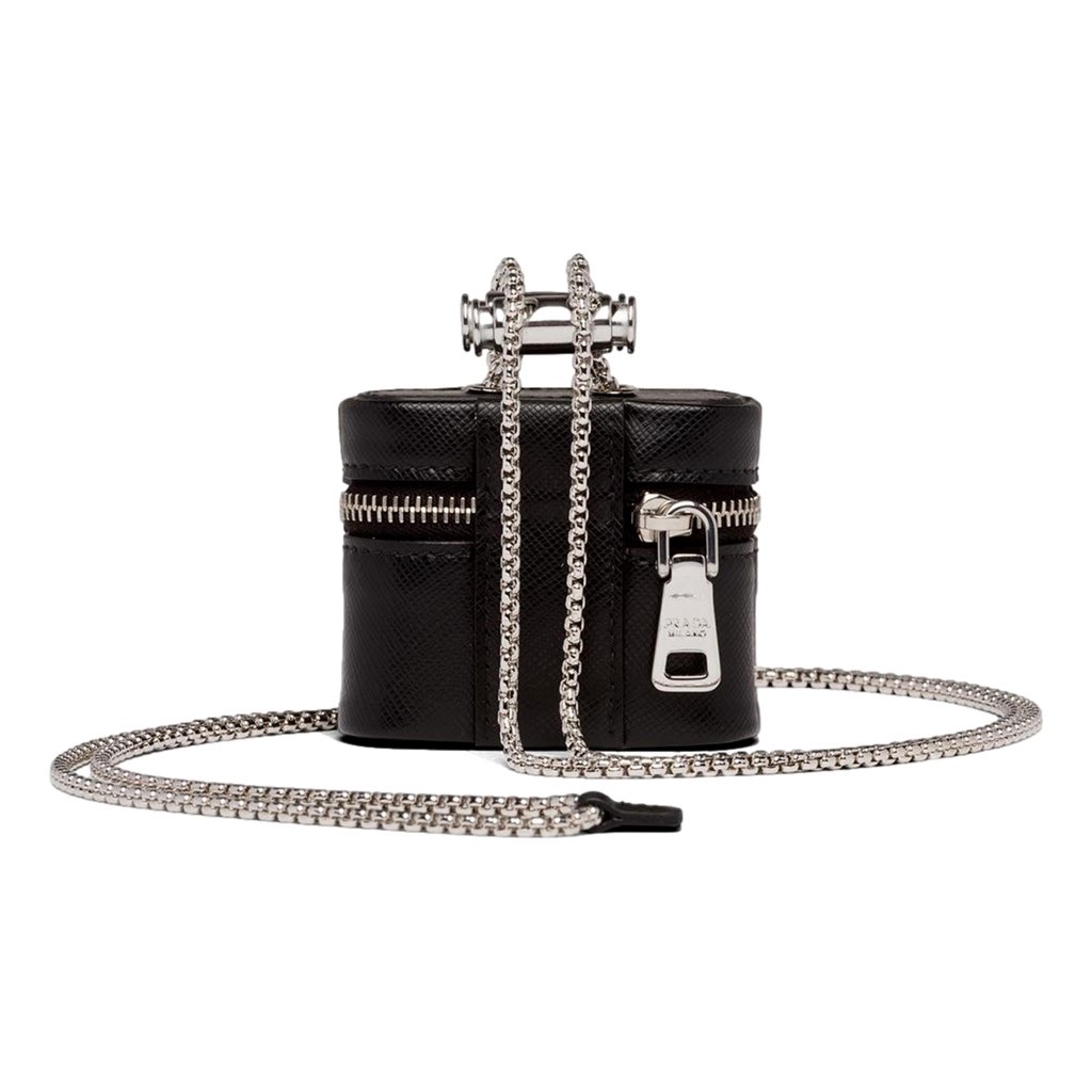Prada Prada Triangle Saffiano Black Leather Mini Airpods Case with Chain - Image 6