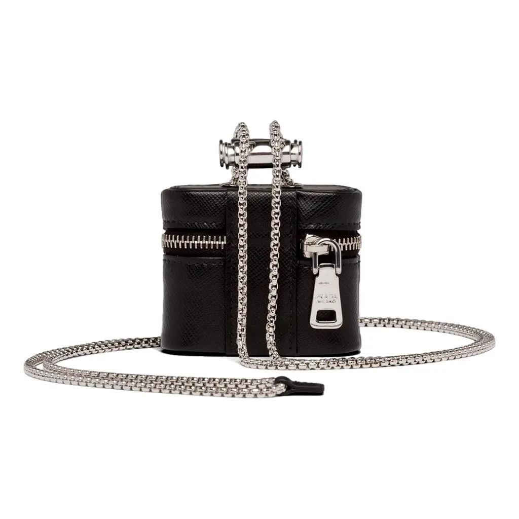 Prada Triangle Saffiano Black Leather Mini Airpods Case with Chain Black Never worn, with tag - Inside View