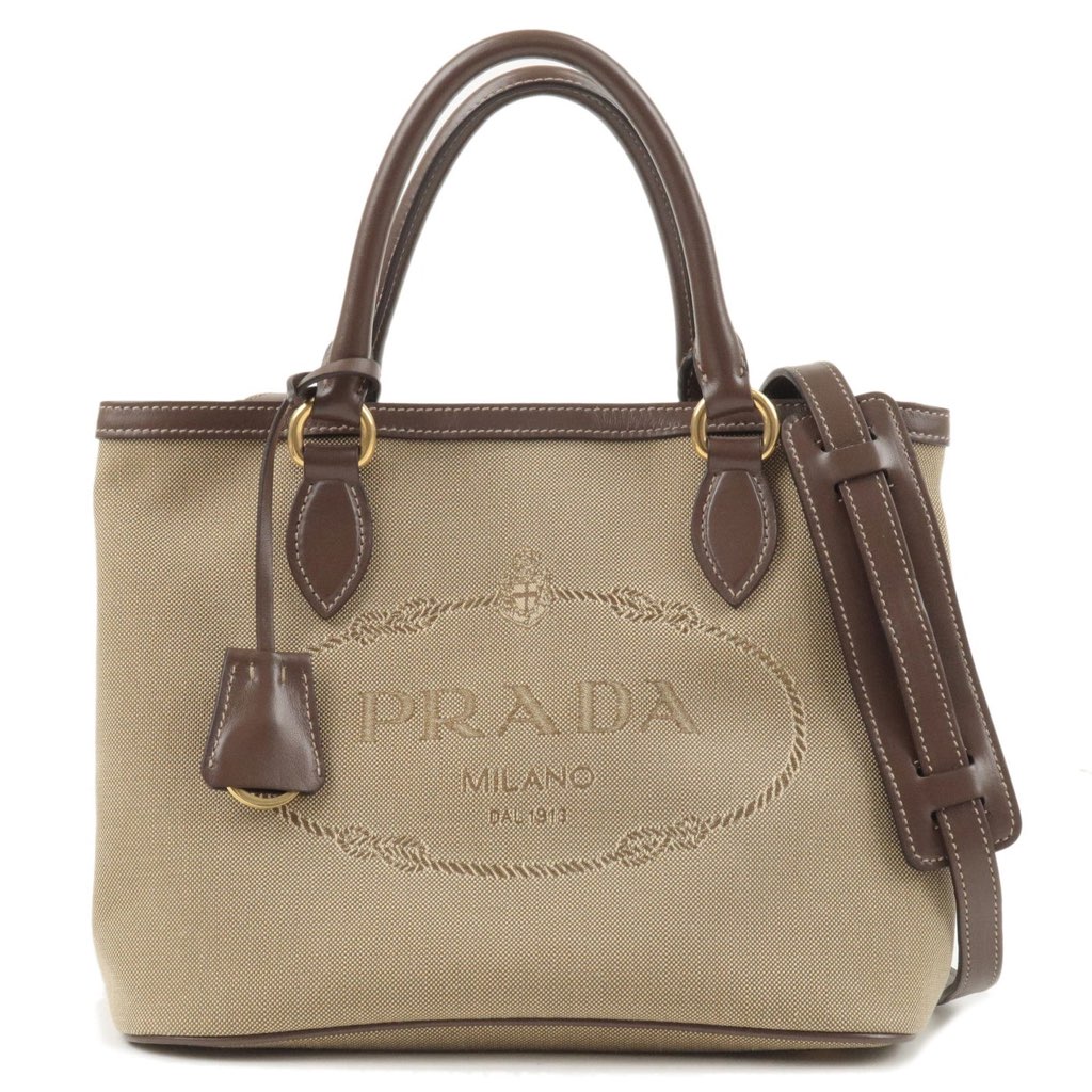 Prada Prada Logo Jacquard Beige Canvas Leather Trim Crossbody Satchel Bag