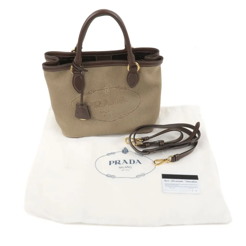 Prada Logo Jacquard Beige Canvas Leather Trim Crossbody Satchel Bag Beige Canvas Never worn, with tag - Back View