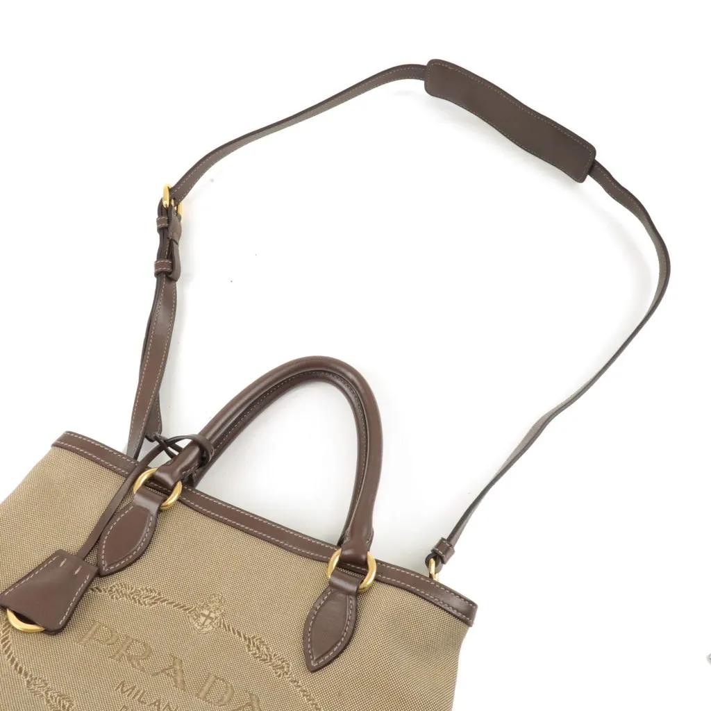 Prada Logo Jacquard Beige Canvas Leather Trim Crossbody Satchel Bag Beige Canvas Never worn, with tag - Model View