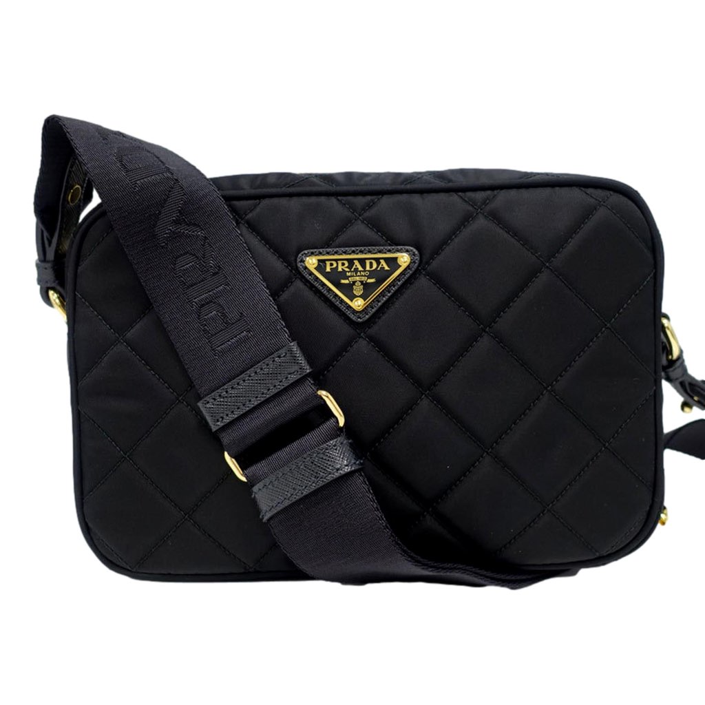 Prada Prada Tessuto Black Quilted Nylon Triangle Logo Camera Crossbody Bag