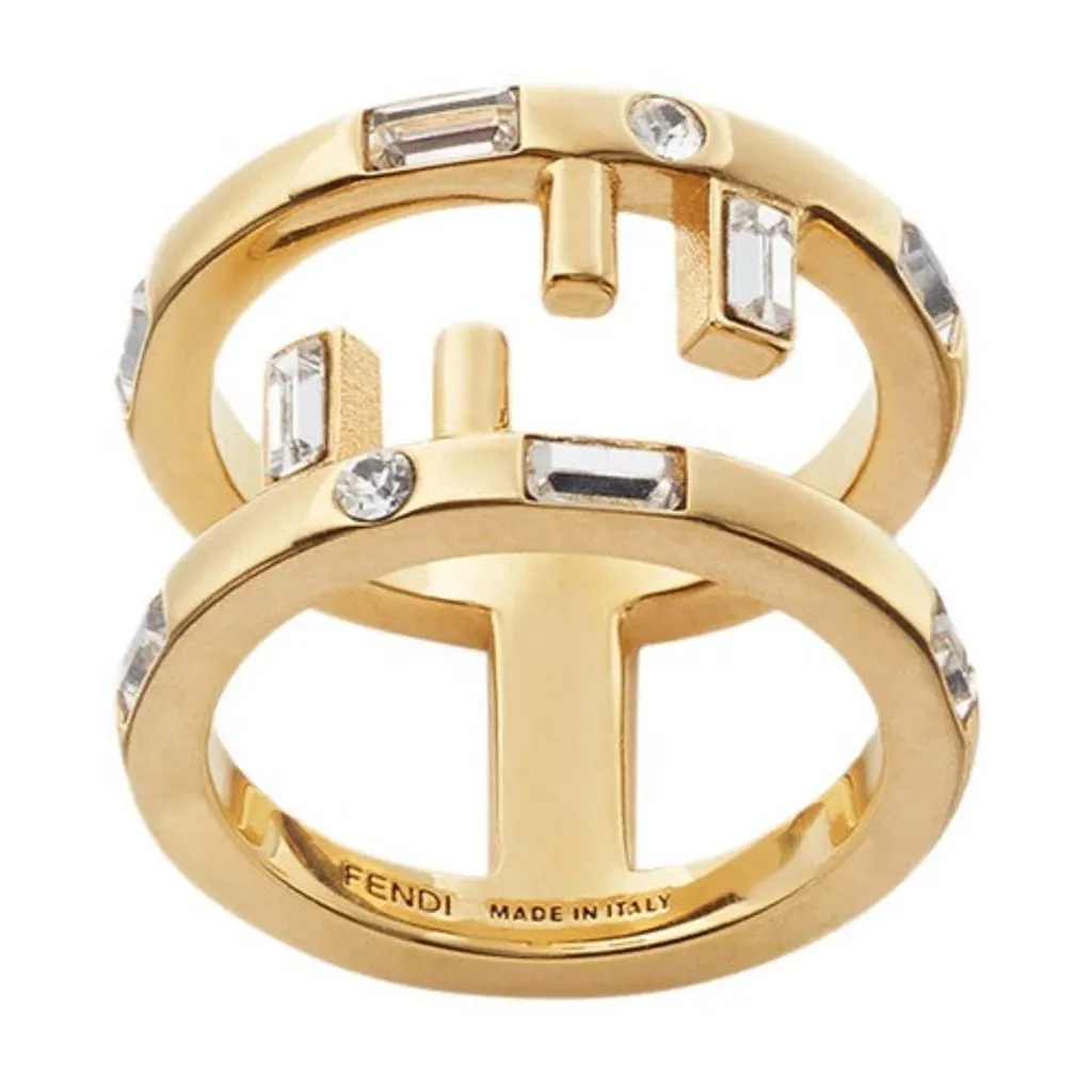 Fendi First Gold Finish Metal and White Crystal Small Fashion Ring Gold Never worn, with tag - Front View