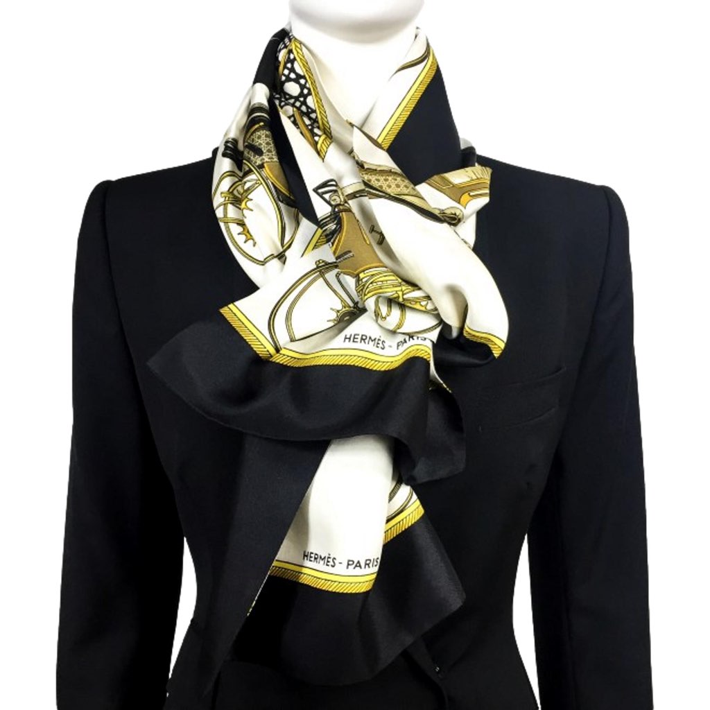 Hermès Hermes Les Voitures A Transformation Black and Gold Carriages Silk Scarf - Side view