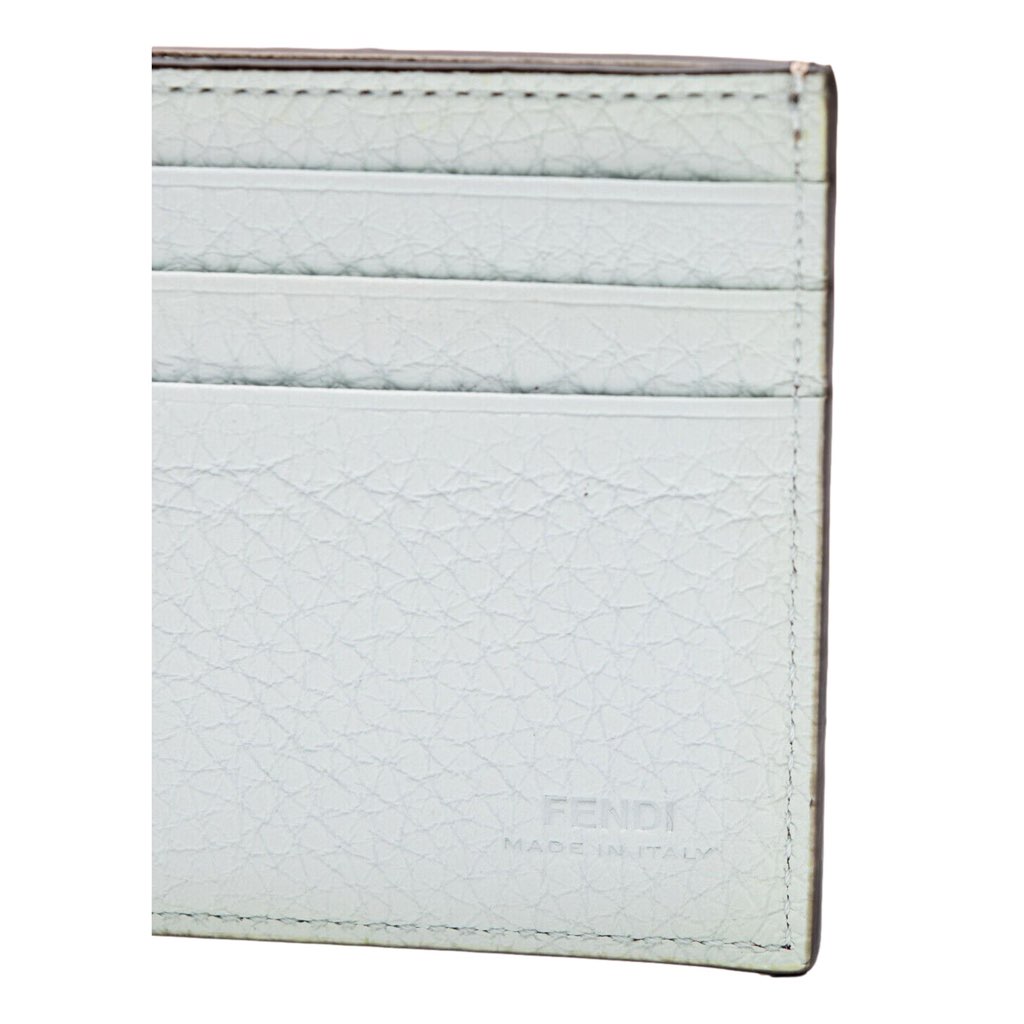 Fendi Fendi FF Logo Plaque Light Gray and Blue Pebbled Calf Leather Bifold Wallet - Image 6
