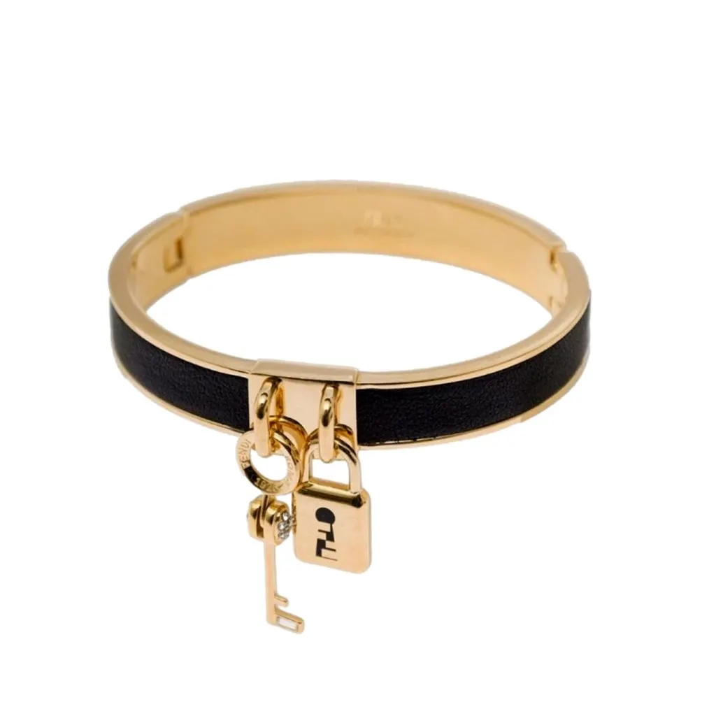 Fendi Master Key Black Leather Gold Small Bracelet Gold Never worn, with tag - Inside View