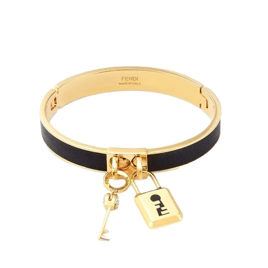 Fendi Master Key Black Leather Gold Small Bracelet Gold Never worn, with tag - Model View