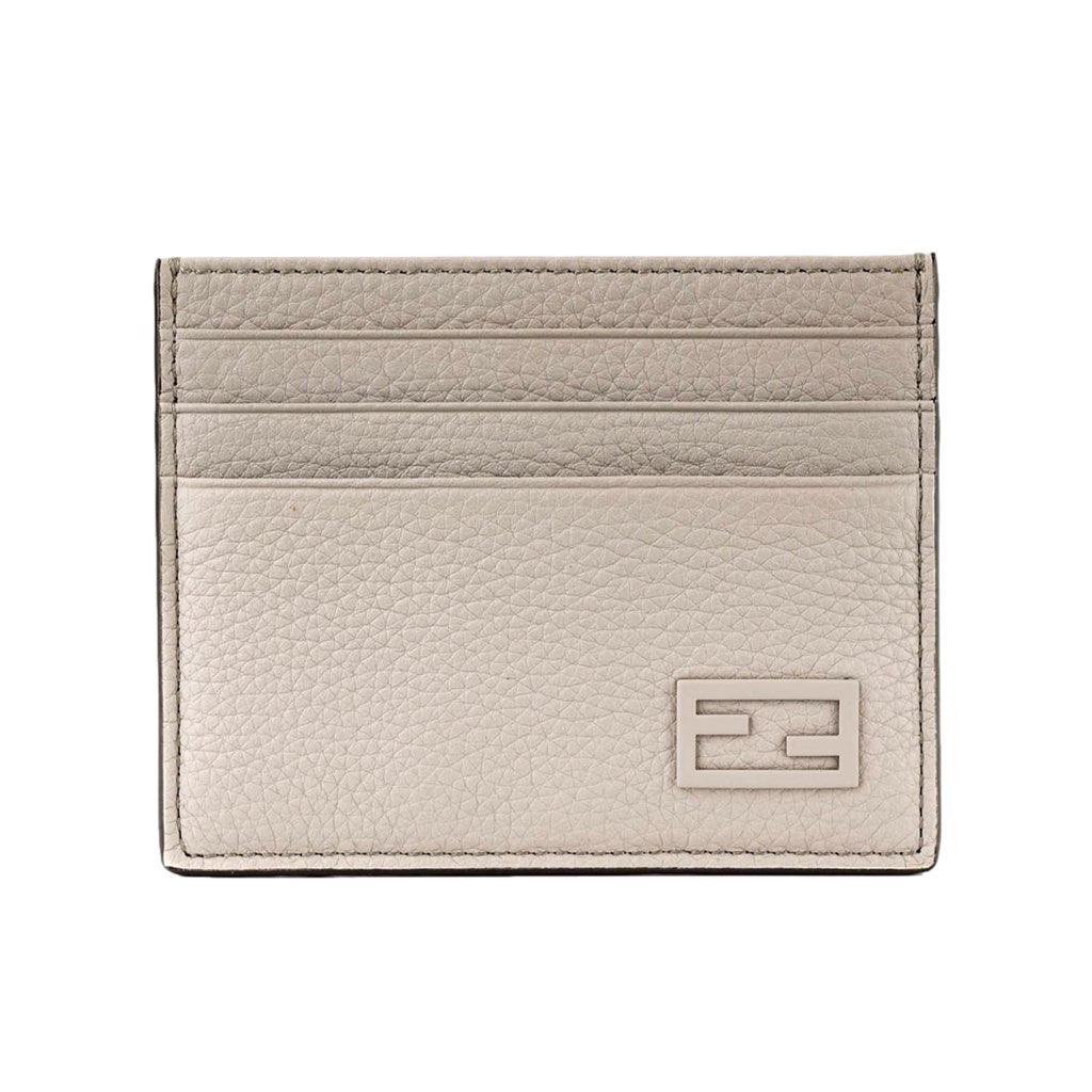 Fendi Fendi FF Logo Light Gray and Blue Pebbled Calf Leather Card Case Wallet