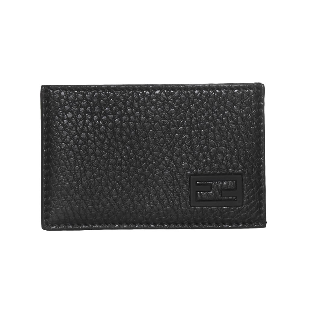 Fendi Fendi FF Logo Plaque Black Grain Leather Slim Cardholder Wallet