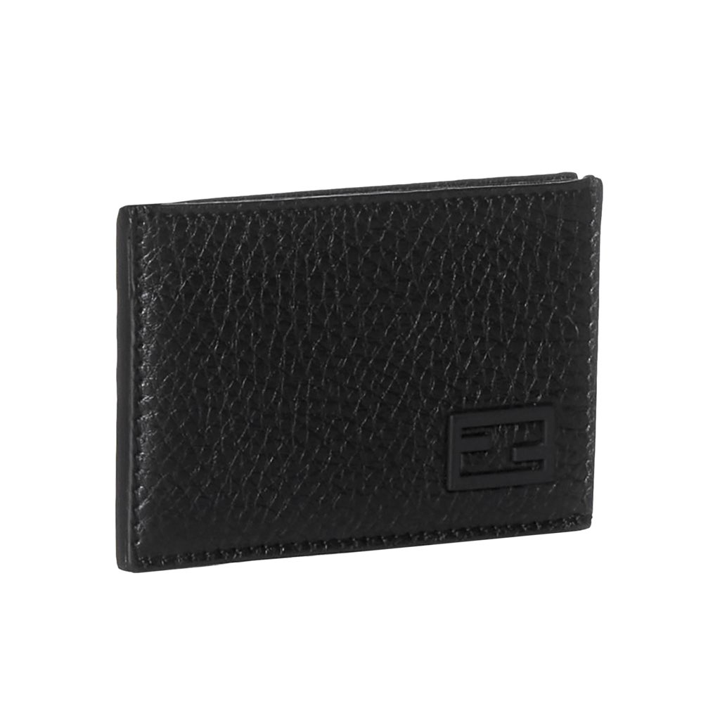 Fendi Fendi FF Logo Plaque Black Grain Leather Slim Cardholder Wallet - Back view