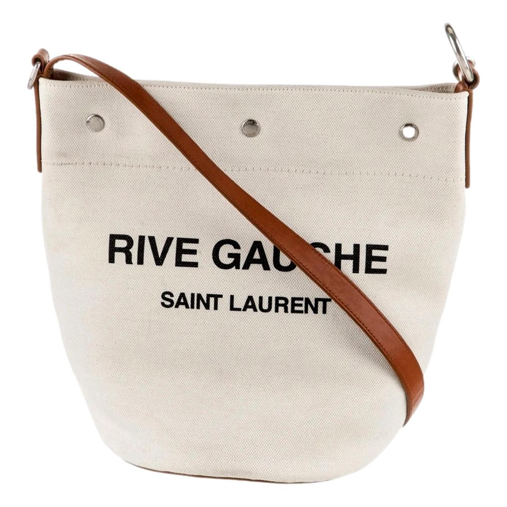 Saint Laurent Saint Laurent Rive Gauche Brown Leather Trim Linen Bucket Bag