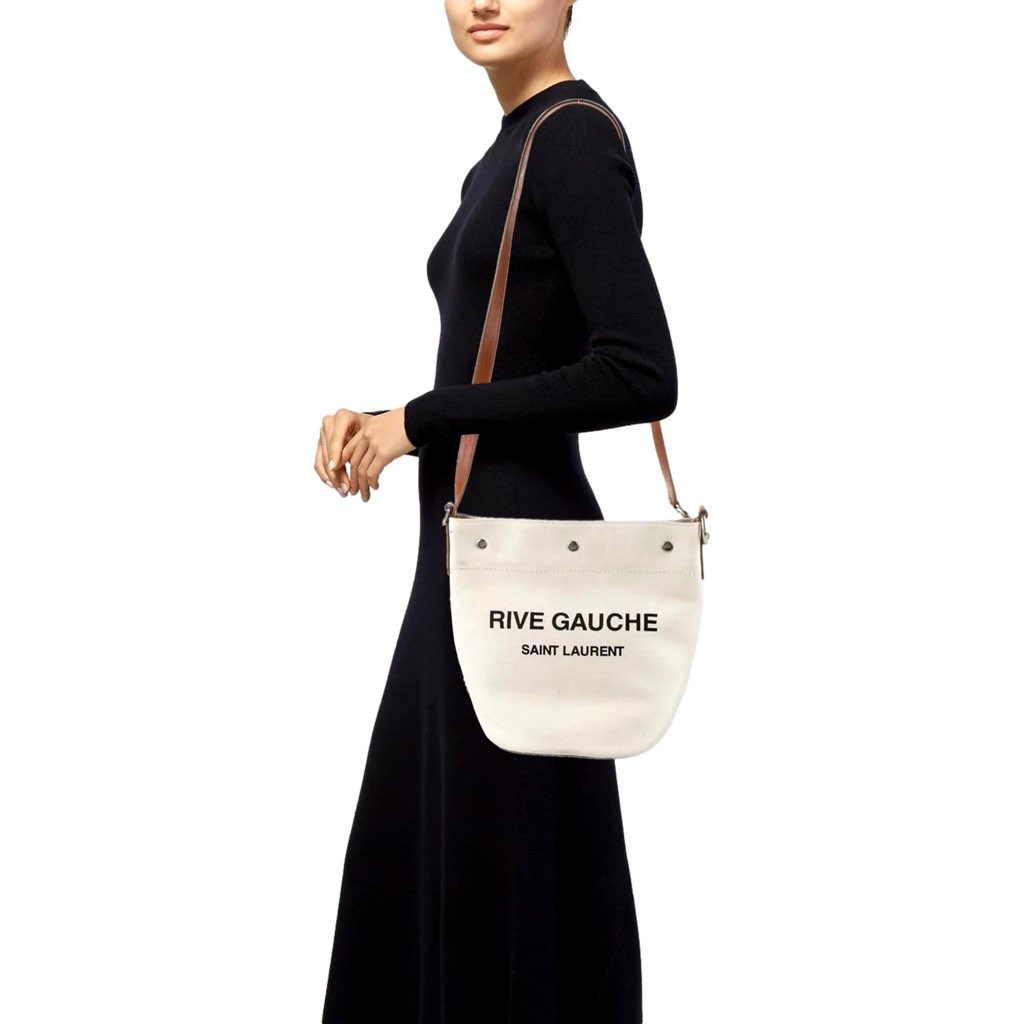 Saint Laurent Saint Laurent Rive Gauche Brown Leather Trim Linen Bucket Bag - Detail 1