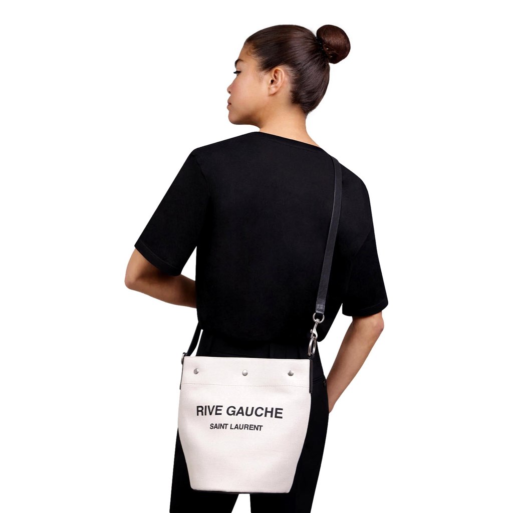Saint Laurent Saint Laurent Rive Gauche Black Leather Trim Linen Bucket Bag - Side view